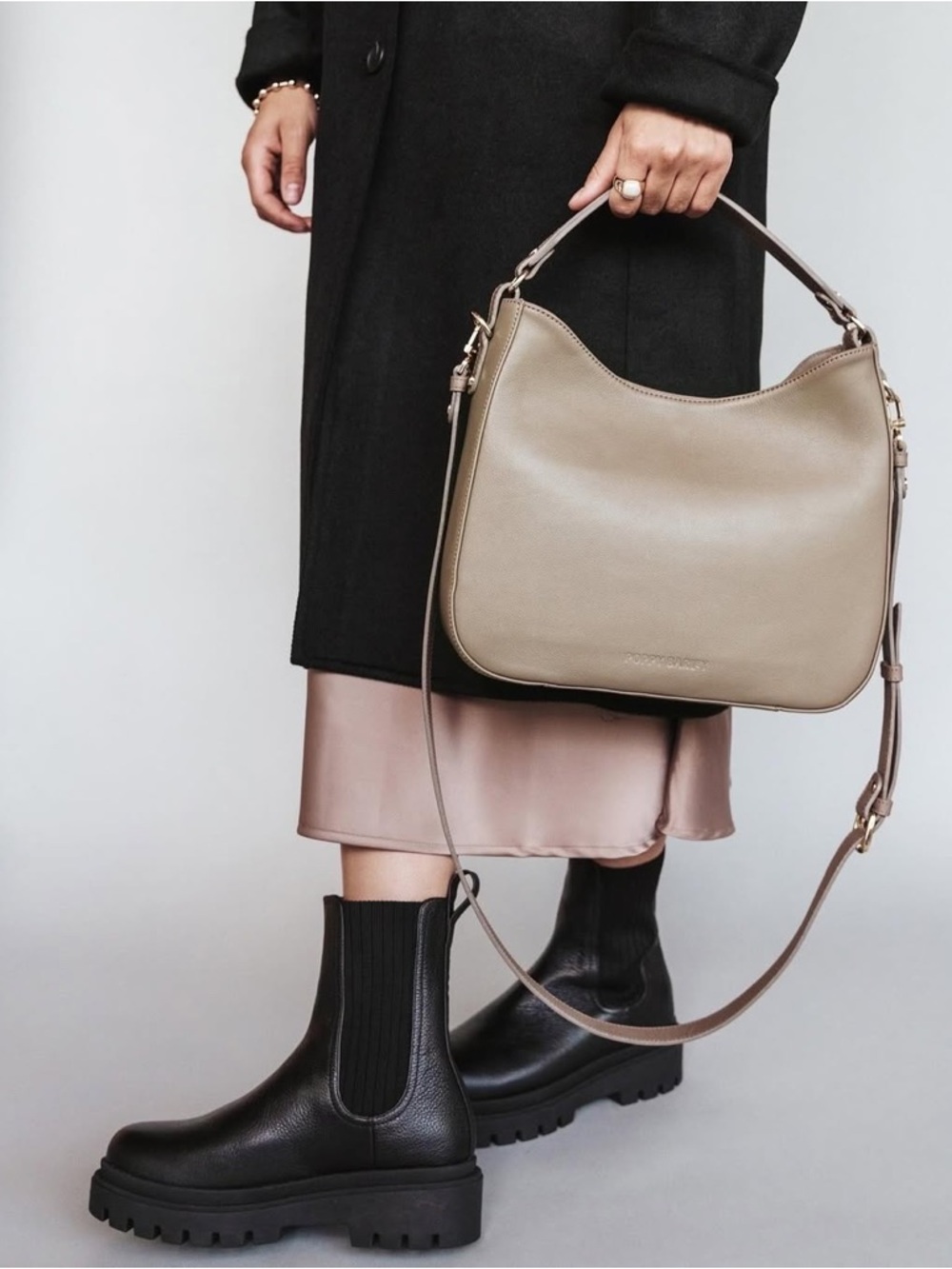 POPPY BARLEY The Sixteenth Tote in Latte (Taupe Leather Shoulder Hobo Bag)